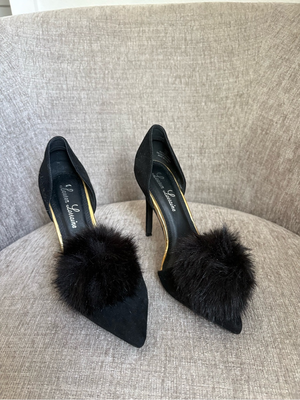 Lauren Lorraine Black Suede Pointed Toe Pom-Pom Pumps